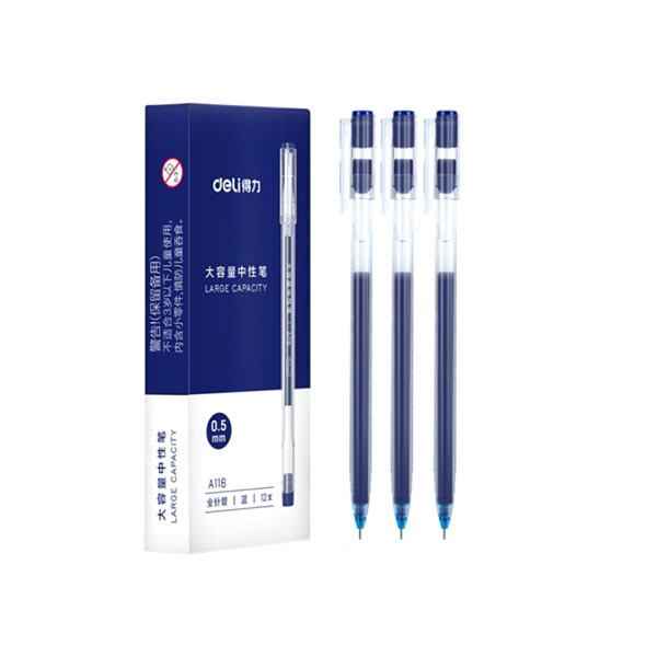 DELI/得力 大容量中性笔 A116 0.5mm 蓝色 全针管 12支 1盒