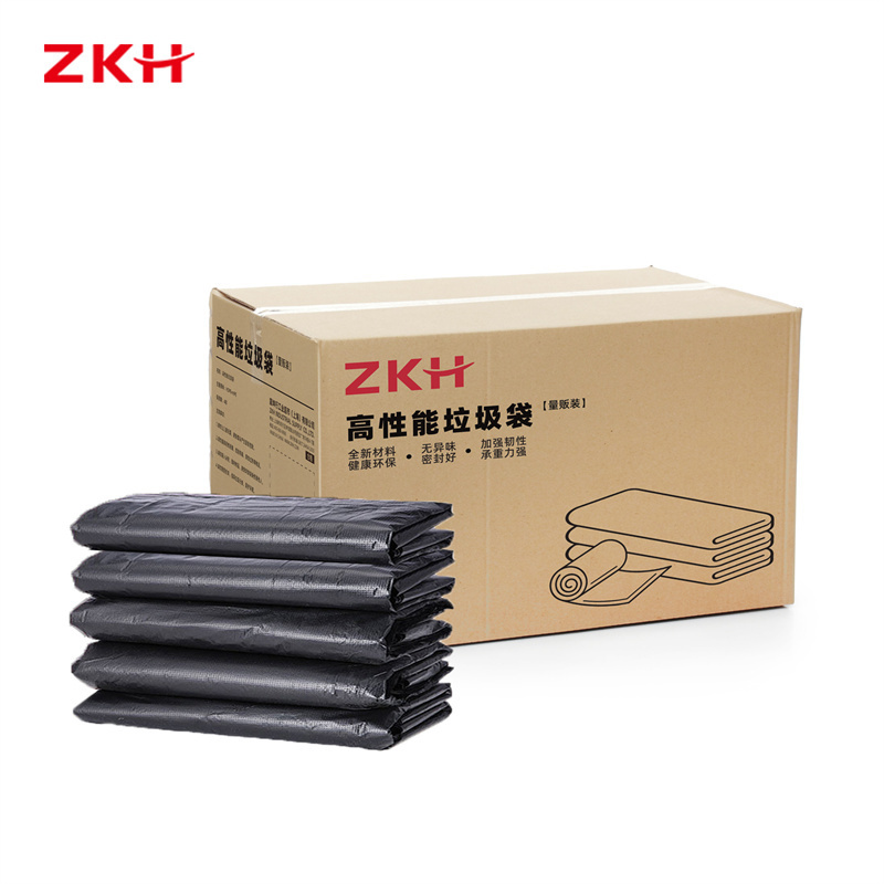 ZKH/震坤行 量贩装高性能垃圾袋 ZKH030 90×100cm 平口式 单面厚1.8丝 深空黑 50只×5叠 1箱