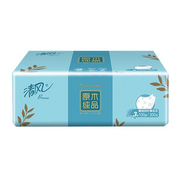BREEZE/清风 原木纯品四叶草压花抽取式面纸 BR40AQ 三层 100抽×4包×6提 1箱