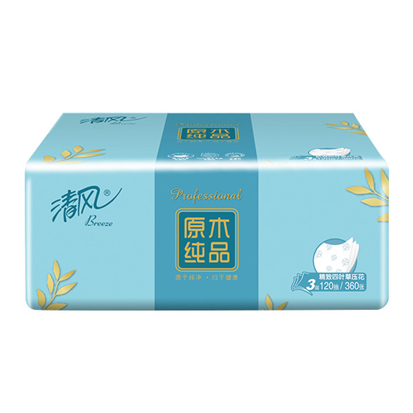 BREEZE/清风 原木纯品四叶草压花抽取式面纸 BR42AQ 三层 120抽×4包×5提 1箱