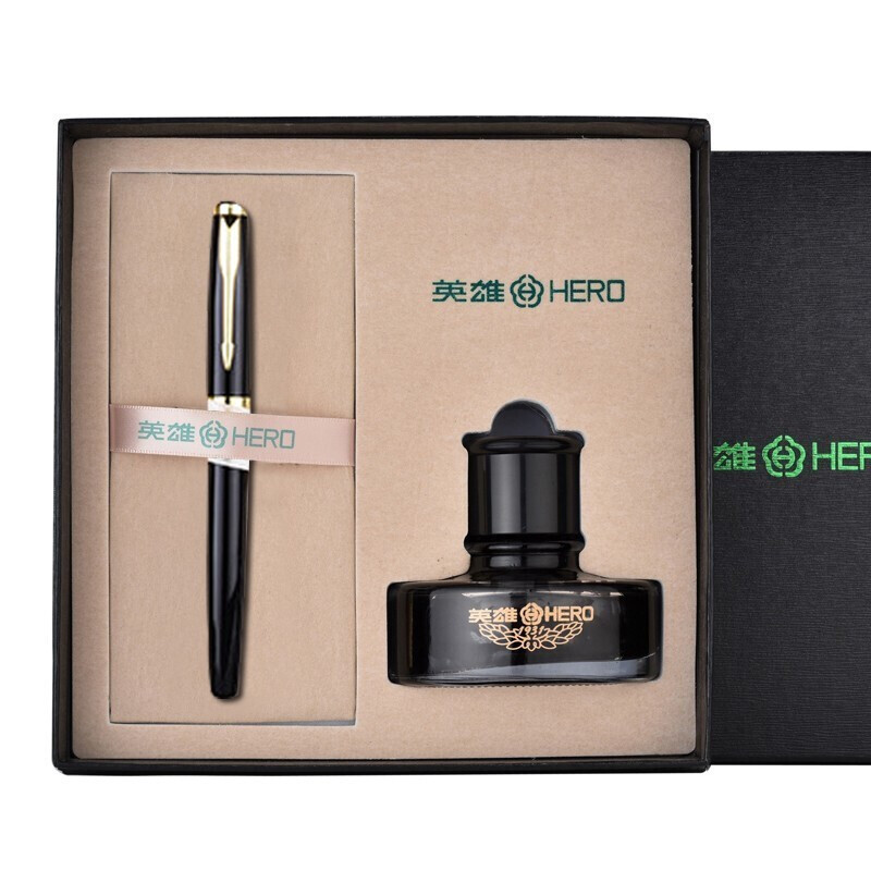 HERO/英雄 钢笔 1502美工笔 纯黑金夹 1.0mm 弯尖美工笔+墨水+礼盒 1套