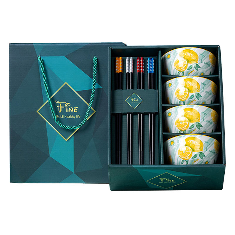 SUSHI/苏识 陶瓷餐具礼盒套装 SS-TZ-MYP03 碗(柠檬)×4个+筷子(满天星)×4双 1盒
