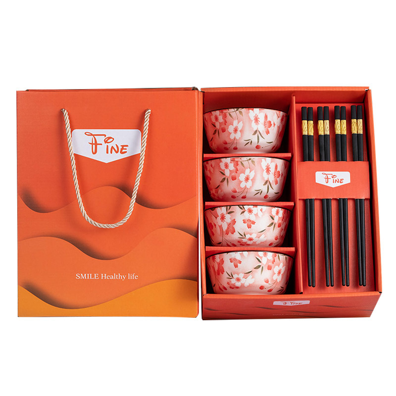 SUSHI/苏识 陶瓷餐具礼盒套装 SS-TZ-MYP33 碗(茶花)×4个+筷子(合金)×4双 橙盒 1盒