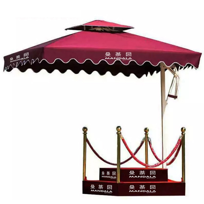 YUETONG/月桐 双层保安岗亭伞站台套装 曼荼园LOGO定制 下层长1m 上层长600mm 每层高200mm 伞2.2×2.2m 红色 含岗亭伞站台×1+遮阳伞×1 1套