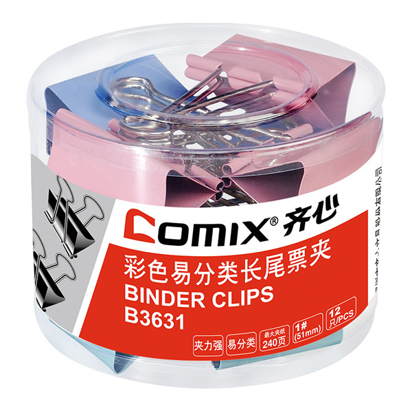 COMIX/齐心 长尾票夹 B3631 混色 50mm 12只 1筒