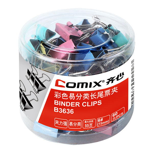 COMIX/齐心 长尾票夹 B3636 15mm 混色 60只 1筒
