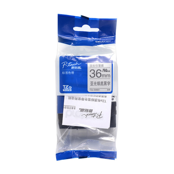BROTHER/兄弟 强粘性标签色带 TZe-SM961 亚光银底黑字 36mm×8m 1卷
