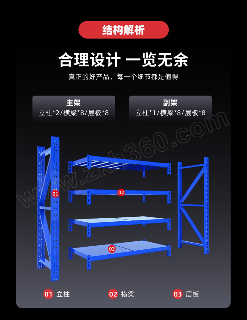 震坤行 层板货架-主架 Z1252-300-C4W 尺寸1200×500×2000mm 4层 层板承重300kg 白色 货架 仓储货架 存储架 ...